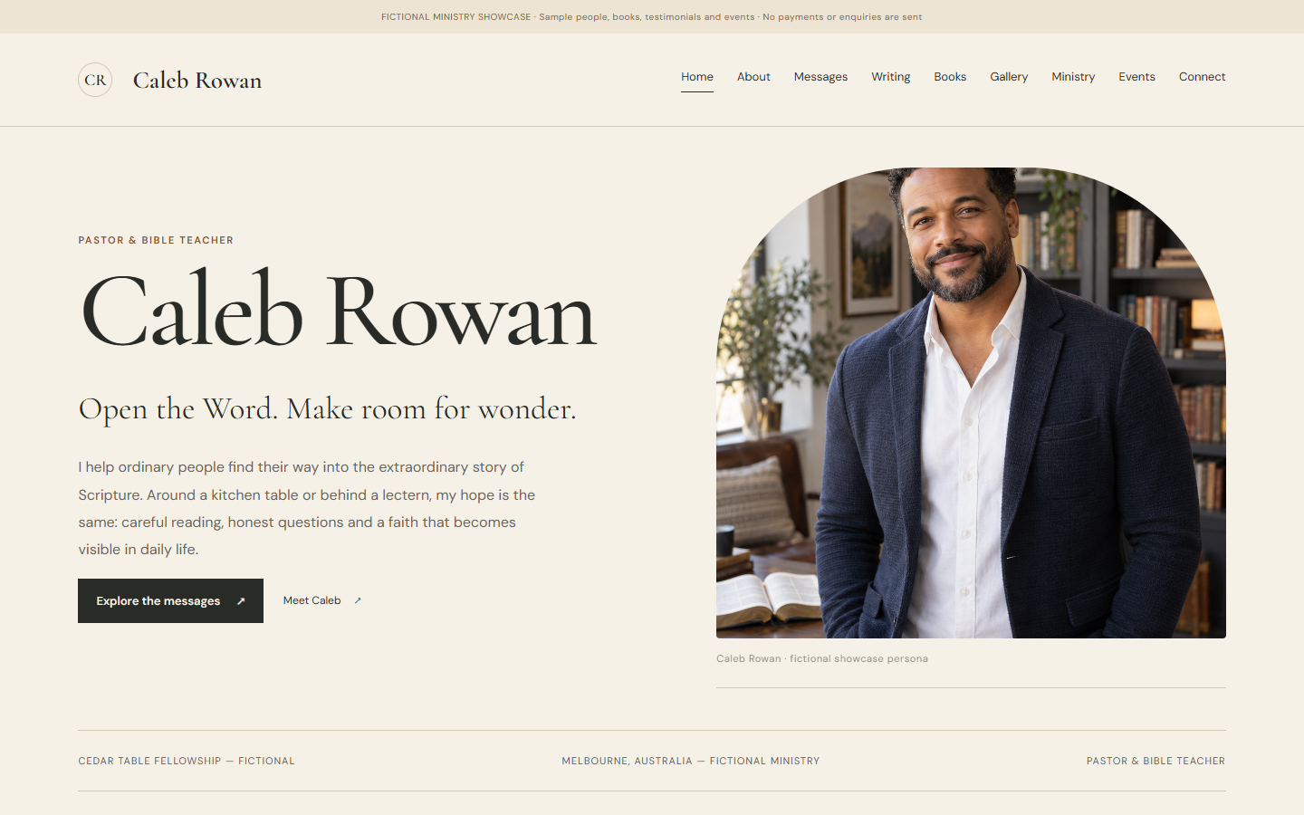 Caleb Rowan's example website with a portrait and teaching introduction