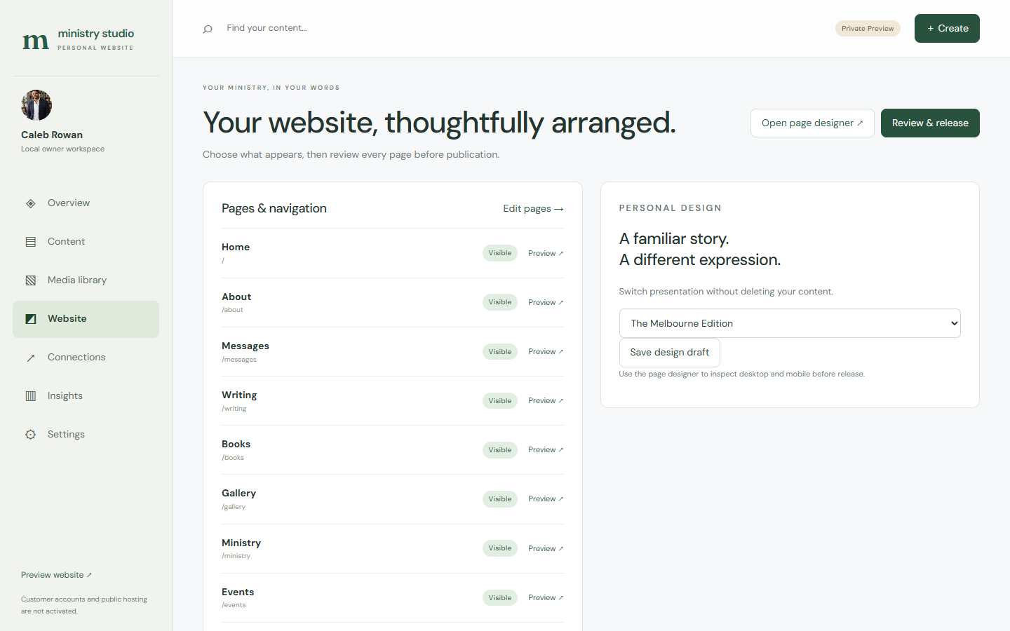Pastor Nest website editor for arranging pages and sections